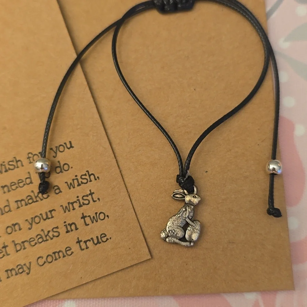 Happy Easter Wish Bracelet Black Cord with Silver Bunny Charm New